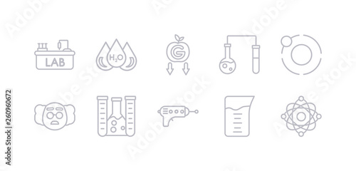 simple gray 10 vector icons set such as atom, beaker, blaster, chemical, einstein, electron, experiment. editable vector icon pack