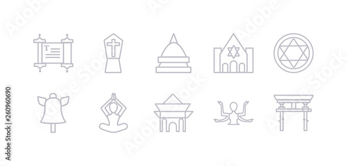 simple gray 10 vector icons set such as shinto, shiva, shrine, spiritual, standing bell, star of david, synagogue. editable vector icon pack