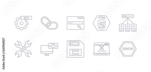 simple gray 10 vector icons set such as error, error 404, floppy disk, game development, hardware, hosting, html5. editable vector icon pack