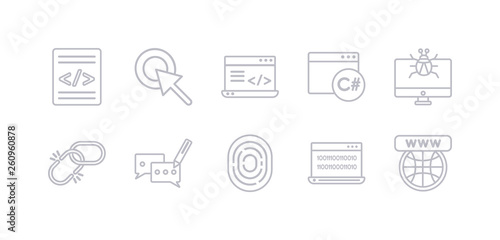 simple gray 10 vector icons set such as website, binary code, biometric identification, blogging, broken link, bug report, c sharp. editable vector icon pack