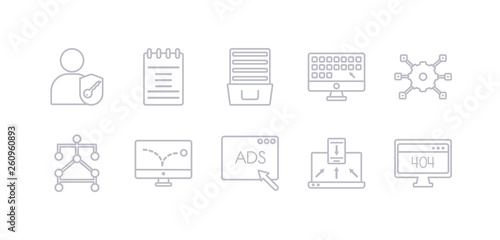 simple gray 10 vector icons set such as 404 error, adaptive layout, advertising, advertising bounce, algorithm, api, app. editable vector icon pack