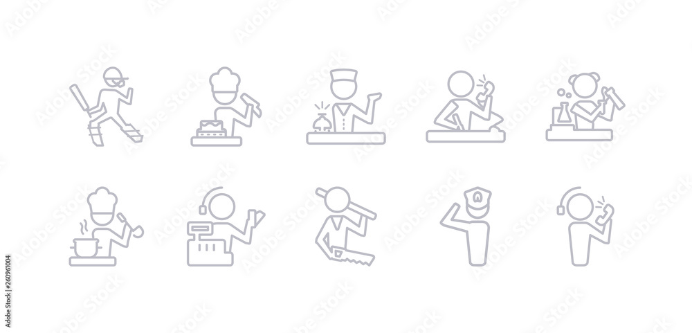 simple gray 10 vector icons set such as callcenter, captain, carpenter, cashier, chef, chemist, clerk. editable vector icon pack