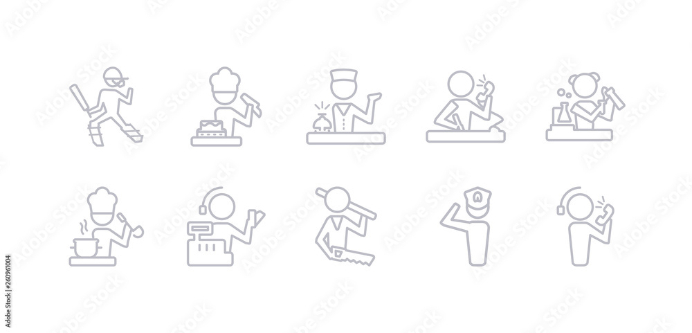 simple gray 10 vector icons set such as callcenter, captain, carpenter, cashier, chef, chemist, clerk. editable vector icon pack simple gray 10 vector icons set such as callcenter, captain, carpenter, cashier, chef, chemist, clerk. editable vector icon pack