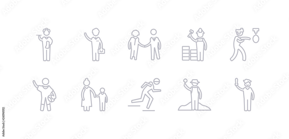 simple gray 10 vector icons set such as actor, archeologist, athlete, baby sitter, basketball player, boxer, builder. editable vector icon pack simple gray 10 vector icons set such as actor, archeologist, athlete, baby sitter, basketball player, boxer, builder. editable vector icon pack