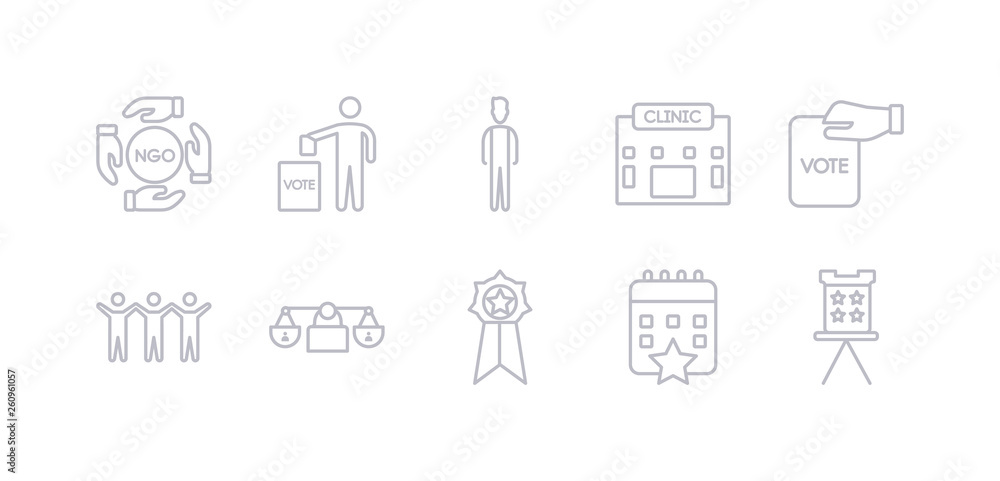 simple gray 10 vector icons set such as election envelopes and box, election event on a calendar with star, elections badge with a star, equality, freedom, hand holding vote paper, health clinic.