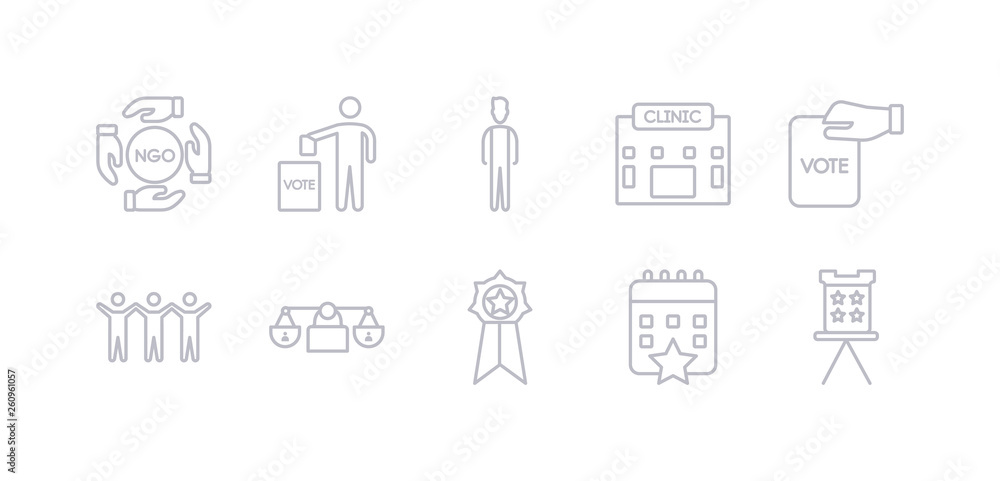 simple gray 10 vector icons set such as election envelopes and box, election event on a calendar with star, elections badge with a star, equality, freedom, hand holding vote paper, health clinic. simple gray 10 vector icons set such as election envelopes and box, election event on a calendar with star, elections badge with a star, equality, freedom, hand holding vote paper, health clinic.