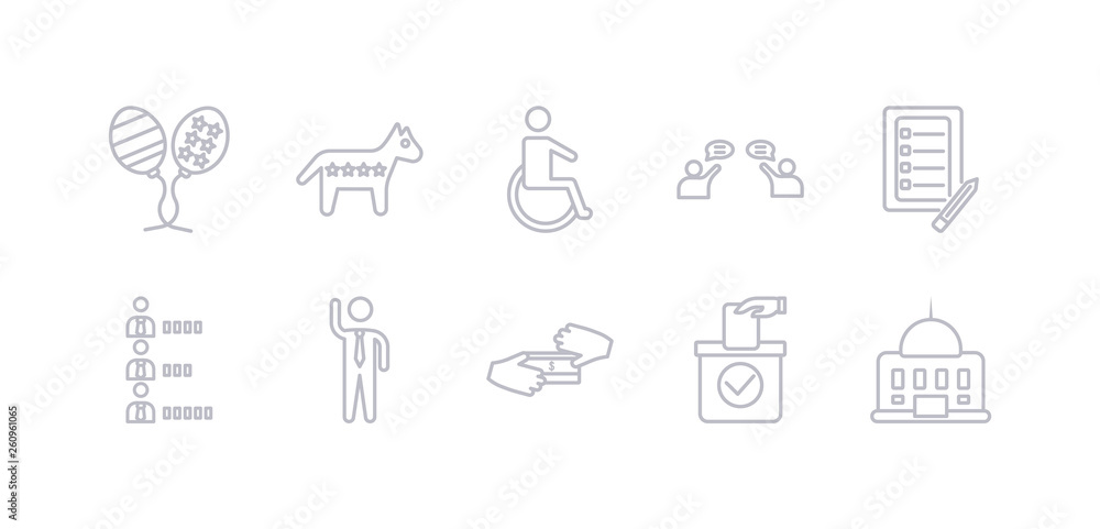 simple gray 10 vector icons set such as american government building, ballot, bribe, candidate for elections, candidates ranking graphic, checklist with a pencil, debate. editable vector icon pack