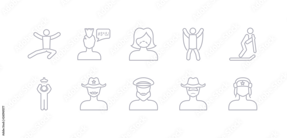 simple gray 10 vector icons set such as russian man face, sad man with hat, sailor face, sheriff face, showering, skiing person, skipping rope man. editable vector icon pack simple gray 10 vector icons set such as russian man face, sad man with hat, sailor face, sheriff face, showering, skiing person, skipping rope man. editable vector icon pack