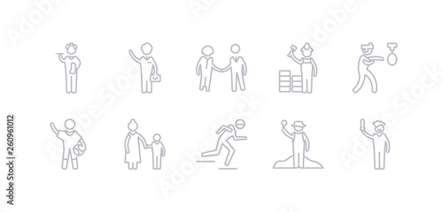 simple gray 10 vector icons set such as actor, archeologist, athlete, baby sitter, basketball player, boxer, builder. editable vector icon pack
