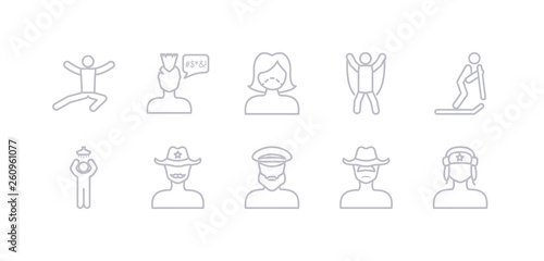 simple gray 10 vector icons set such as russian man face, sad man with hat, sailor face, sheriff face, showering, skiing person, skipping rope man. editable vector icon pack