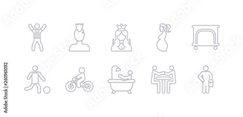 simple gray 10 vector icons set such as painter with paint bucket, people trading, person bathing, person biking, playing with a ball, playpen, pregnant. editable vector icon pack