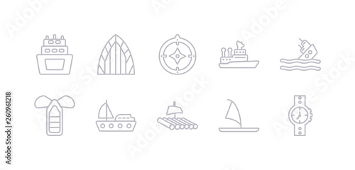 simple gray 10 vector icons set such as water resist watch, windsurf board, wood raft, yacht facing right, port and starboard, capsizing, ship admiral. editable vector icon pack