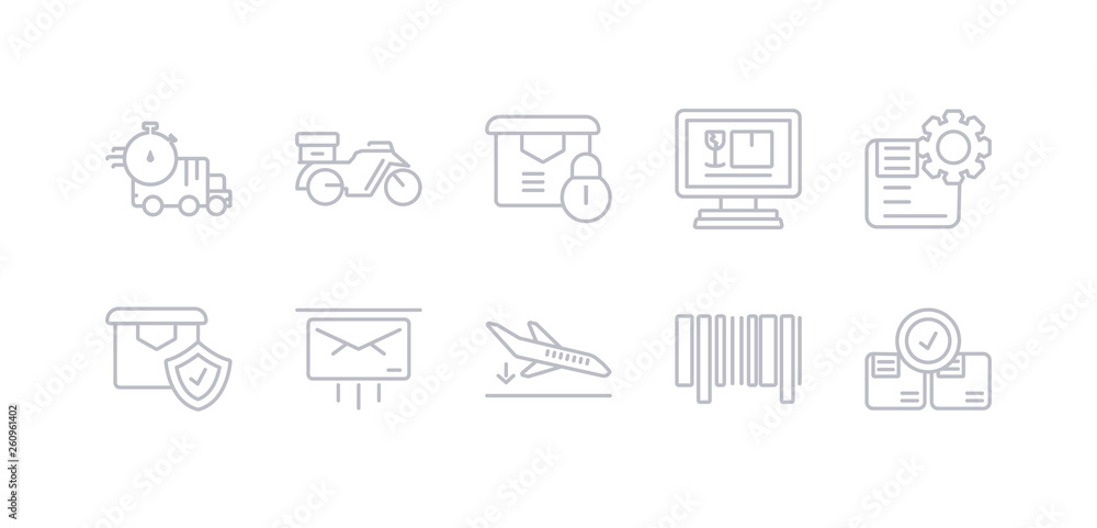 simple gray 10 vector icons set such as checking, bar code, arrival, express mail, delivery shield, delivery settings, delivery monitor. editable vector icon pack simple gray 10 vector icons set such as checking, bar code, arrival, express mail, delivery shield, delivery settings, delivery monitor. editable vector icon pack