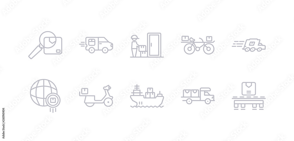 simple gray 10 vector icons set such as pallet, transportation, ship by sea, scooter delivery, worldwide delivery, express delivery, by bike. editable vector icon pack