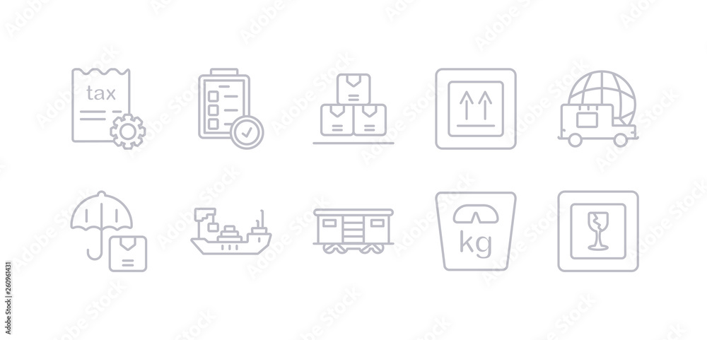 simple gray 10 vector icons set such as fragile, weight, cargo train, logistic ship, logistic umbrella, global logistic, side up. editable vector icon pack simple gray 10 vector icons set such as fragile, weight, cargo train, logistic ship, logistic umbrella, global logistic, side up. editable vector icon pack