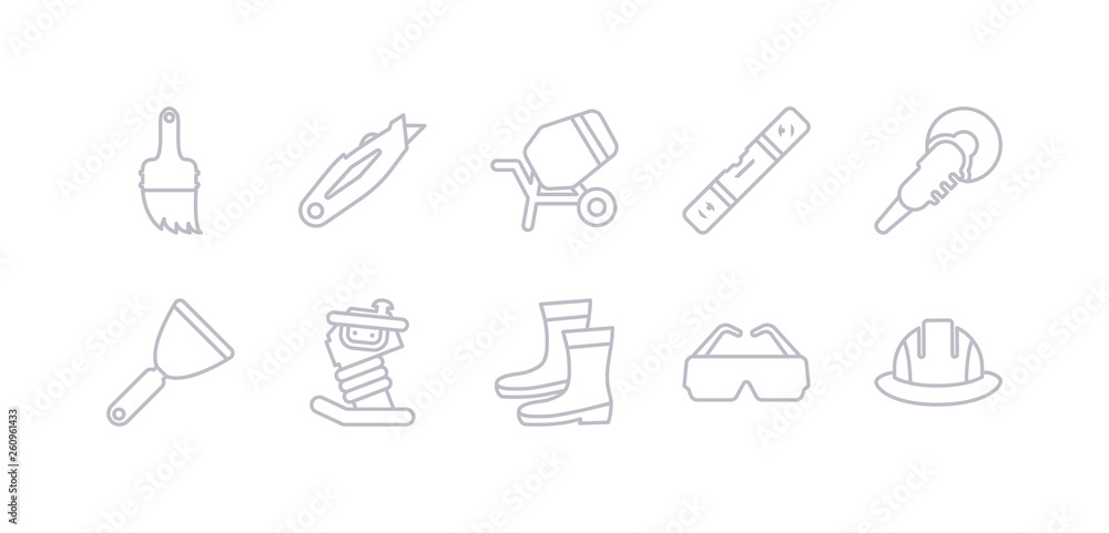 simple gray 10 vector icons set such as safety helmet, safety glasses, rubber boots, rammer, putty knife, polishers, plumb rule tool. editable vector icon pack simple gray 10 vector icons set such as safety helmet, safety glasses, rubber boots, rammer, putty knife, polishers, plumb rule tool. editable vector icon pack