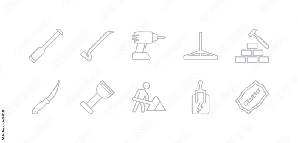 simple gray 10 vector icons set such as cement, circuit breaker, road construction, bolster, boning rod, brick hammer, bump cutter. editable vector icon pack simple gray 10 vector icons set such as cement, circuit breaker, road construction, bolster, boning rod, brick hammer, bump cutter. editable vector icon pack