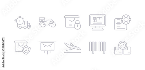 simple gray 10 vector icons set such as checking, bar code, arrival, express mail, delivery shield, delivery settings, delivery monitor. editable vector icon pack