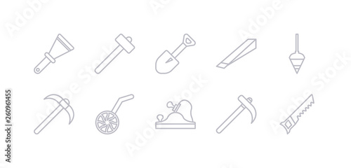 simple gray 10 vector icons set such as hand saw, hoe, jack plane, measuring wheel, pick axe, plumb bob, wedge tool. editable vector icon pack