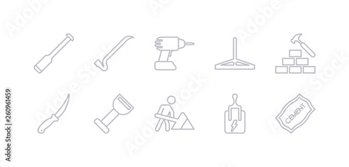 simple gray 10 vector icons set such as cement, circuit breaker, road construction, bolster, boning rod, brick hammer, bump cutter. editable vector icon pack