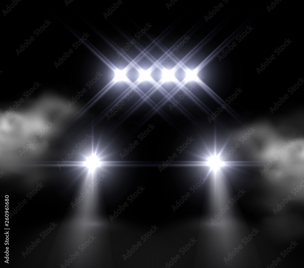Obraz premium Lights led off road effect front view. Realistic white glow headlights isolated on black background. Vector bright car beams for race design.
