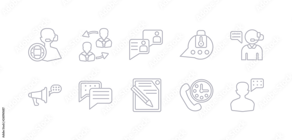 simple gray 10 vector icons set such as speaking, time call, write, chat bubble, announcement, call center, chat. editable vector icon pack simple gray 10 vector icons set such as speaking, time call, write, chat bubble, announcement, call center, chat. editable vector icon pack