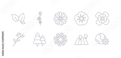 simple gray 10 vector icons set such as eco globe, field, flower, forest, freesia, gardenia, geranium. editable vector icon pack