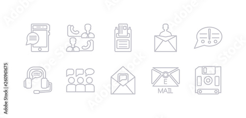 simple gray 10 vector icons set such as diskette, email, envelope, feedback, headset, info, letter. editable vector icon pack