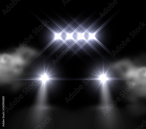 Lights led off road effect front view. Realistic white glow headlights isolated on black background. Vector bright car beams for race design.