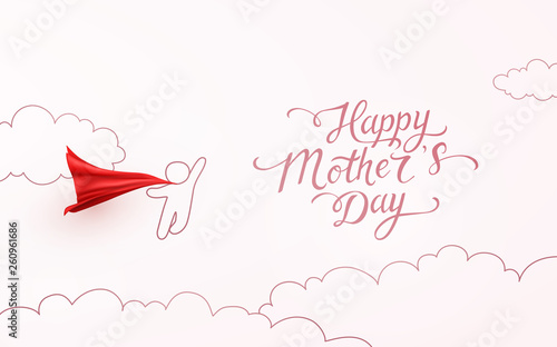 Postcard with flying child and red cloak on pink background. Vector superhero kid for Happy Mother's Day greeting card design.