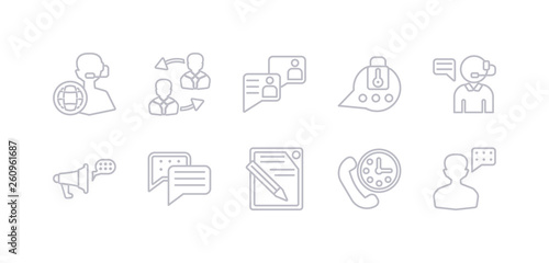 simple gray 10 vector icons set such as speaking, time call, write, chat bubble, announcement, call center, chat. editable vector icon pack