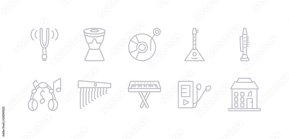 simple gray 10 vector icons set such as music store, playlist, synthesizer, chimes, music note, clarinet, balalaika. editable vector icon pack simple gray 10 vector icons set such as music store, playlist, synthesizer, chimes, music note, clarinet, balalaika. editable vector icon pack