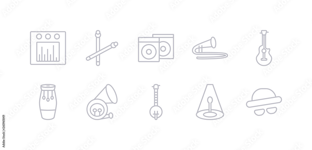 simple gray 10 vector icons set such as double bass, music spotlight, banjo, french horn, conga, acoustic guitar, trombone. editable vector icon pack simple gray 10 vector icons set such as double bass, music spotlight, banjo, french horn, conga, acoustic guitar, trombone. editable vector icon pack