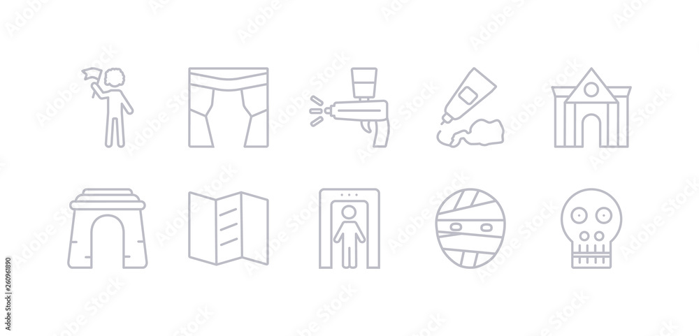 simple gray 10 vector icons set such as anthropology, mummy, metal detector, trifold, arc, museum building, acrylic. editable vector icon pack