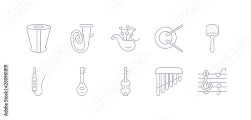 simple gray 10 vector icons set such as clef, panpipe, cello, mandolin, jack, cabasa, drumstick. editable vector icon pack