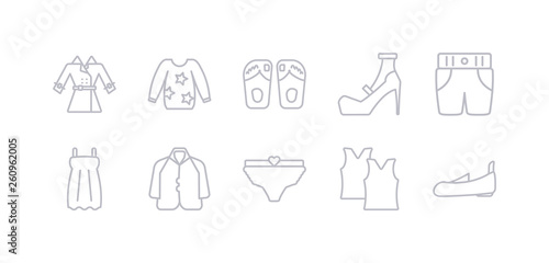 simple gray 10 vector icons set such as shoes  tank top  underpants  cardigan  blouse  short  high heel. editable vector icon pack