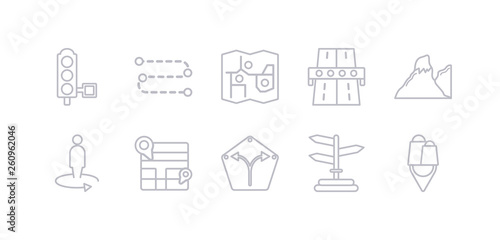 simple gray 10 vector icons set such as shopping pin, , straight, street map, street view, terrain, toll road. editable vector icon pack