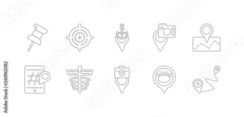 simple gray 10 vector icons set such as path a to b, pet zone point, pharmacy pin, pharmacy, phone location, placeholder, places to photograph. editable vector icon pack