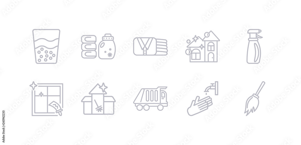 simple gray 10 vector icons set such as duster, hand wash, garbage truck, cleaning house, cleaning window, cleaning spray, clean. editable vector icon pack