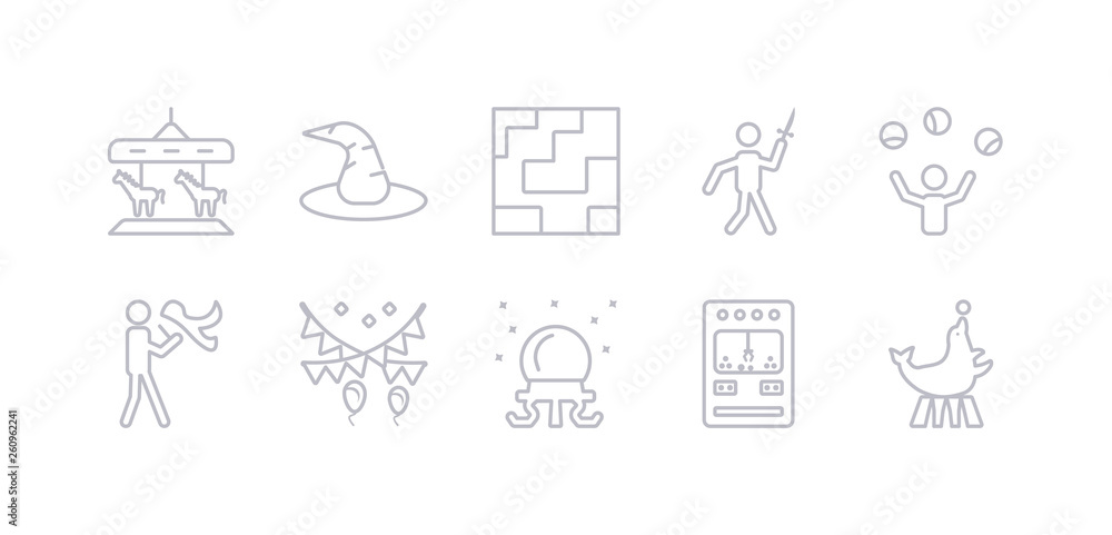 simple gray 10 vector icons set such as circus seal, claw machine, crystal ball, decoration, fire eater man, juggler, knife throwing. editable vector icon pack simple gray 10 vector icons set such as circus seal, claw machine, crystal ball, decoration, fire eater man, juggler, knife throwing. editable vector icon pack