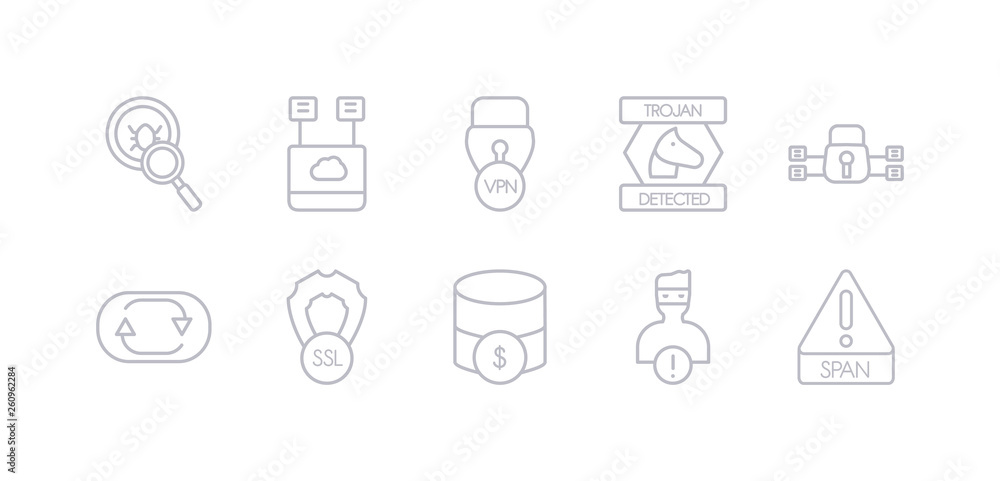 simple gray 10 vector icons set such as spam, spyware, sql, ssl, sync, traffic encryption, trojan. editable vector icon pack simple gray 10 vector icons set such as spam, spyware, sql, ssl, sync, traffic encryption, trojan. editable vector icon pack