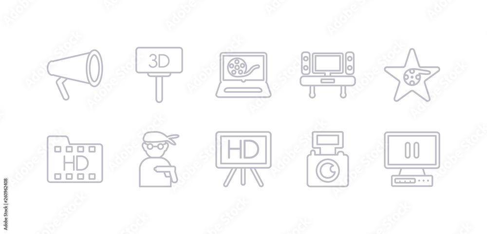 simple gray 10 vector icons set such as freeze frame, handicam, hd, hitman, hd movie, hollywood star, home cinema. editable vector icon pack