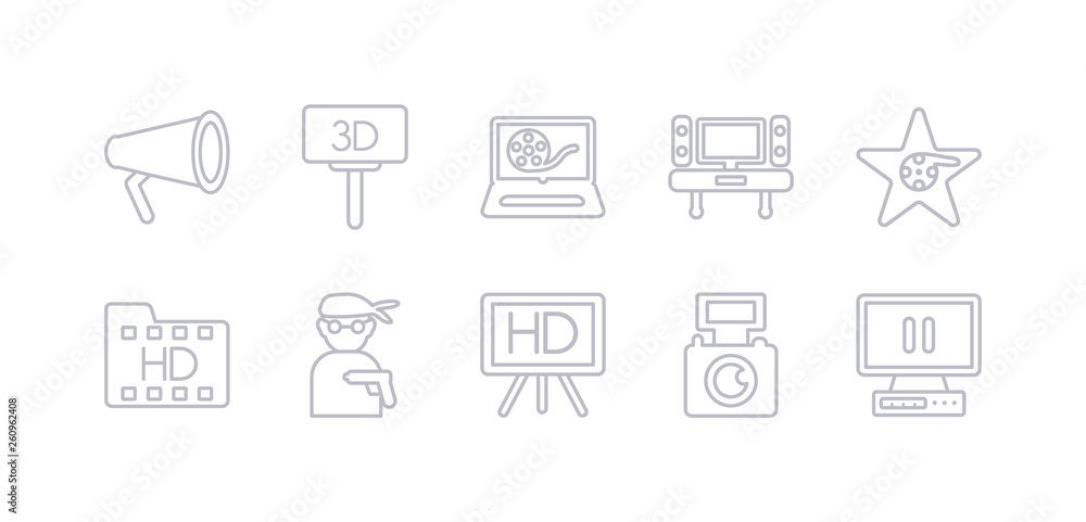simple gray 10 vector icons set such as freeze frame, handicam, hd, hitman, hd movie, hollywood star, home cinema. editable vector icon pack simple gray 10 vector icons set such as freeze frame, handicam, hd, hitman, hd movie, hollywood star, home cinema. editable vector icon pack
