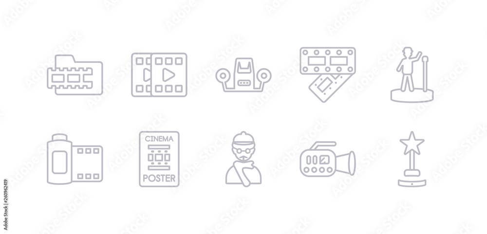 simple gray 10 vector icons set such as film award, film camera, film director, poster, roll, star, strip. editable vector icon pack simple gray 10 vector icons set such as film award, film camera, film director, poster, roll, star, strip. editable vector icon pack
