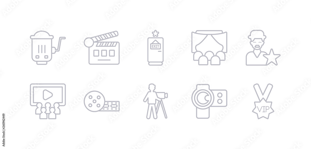 simple gray 10 vector icons set such as vip person, camera lens, cameraman, cinema, cinema audience, cinema celebrity, curtain. editable vector icon pack simple gray 10 vector icons set such as vip person, camera lens, cameraman, cinema, cinema audience, cinema celebrity, curtain. editable vector icon pack