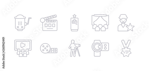 simple gray 10 vector icons set such as vip person  camera lens  cameraman  cinema  cinema audience  cinema celebrity  curtain. editable vector icon pack