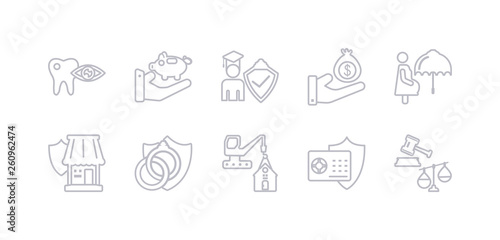 simple gray 10 vector icons set such as legal expenses, bank safe, construction risk, marriage contract, small business insurance, pregnancy insurance, money insurance. editable vector icon pack