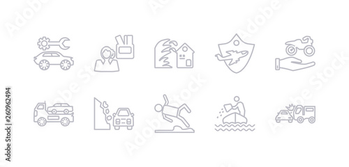 simple gray 10 vector icons set such as side crash, sinking, slippery road, stone on the road, towed car, transport insurance, travel insurance. editable vector icon pack