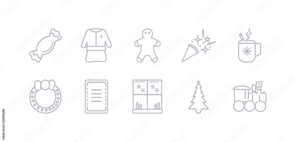 simple gray 10 vector icons set such as christmas train, christmas tree, christmas window, wishlist, wreath, cocoa, confetti. editable vector icon pack