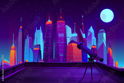 Astronomical observations in modern city cartoon vector in neon colors. Telescope on tripod, standing on house roof, directed in starry sky with fool moon under metropolis skyscrapers illustration